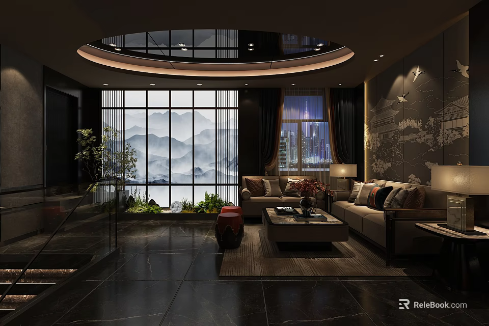 Elegant Modern Chinese Clubhouse Interior With Large Windows Mountain View And Comfortable Sofas 3d model