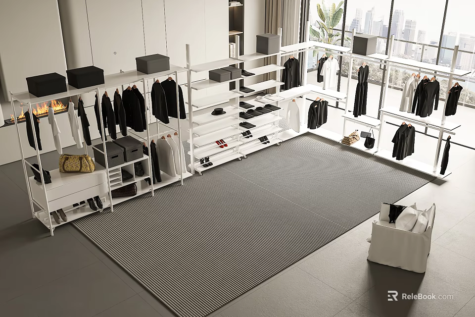 Clothing Store Interior With White Racks Black White Garments And Gray Carpet 3d model 