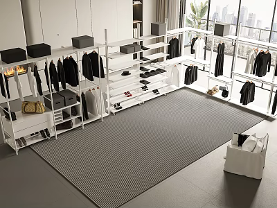 Clothing Store Interior With White Racks Black White Garments And Gray Carpet 3d model