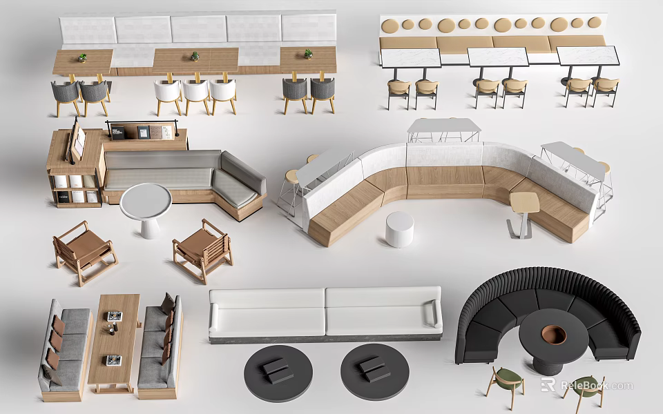 Modern Booth Seating Designs With Wooden Frames Curved Shapes And Matching Tables 3d model 