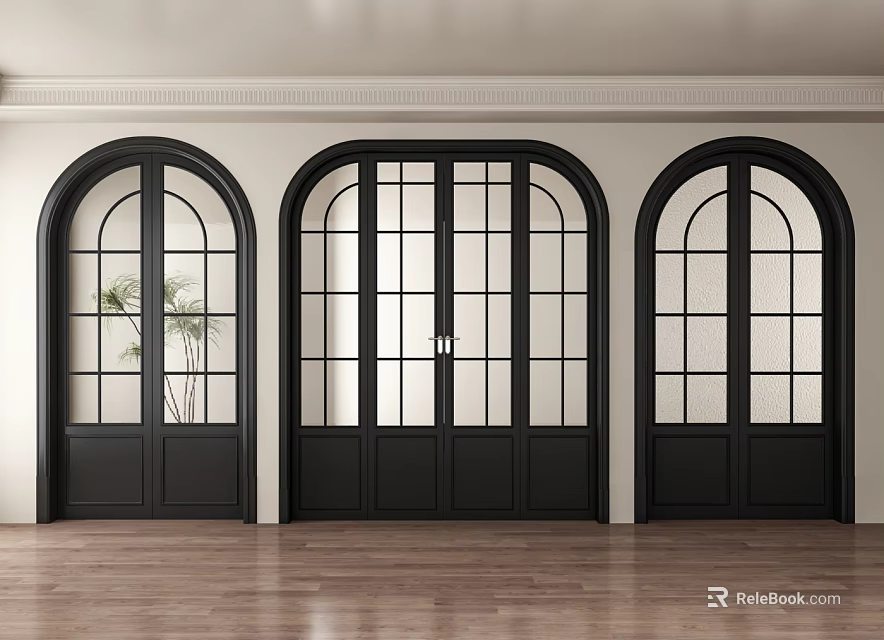 Elegant Arched Double Doors With Black Frames Glass Panes In Modern Interior Wooden Flooring 3d model 