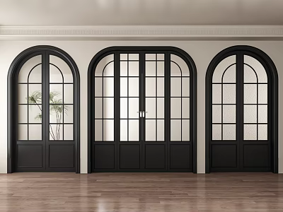 Elegant Arched Double Doors With Black Frames Glass Panes In Modern Interior Wooden Flooring 3d model