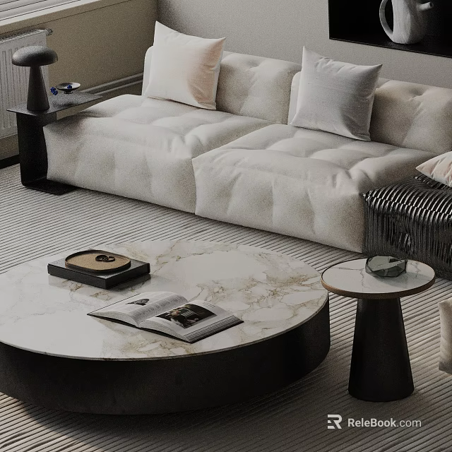 Modern Cream Upholstered Sofa and Round Marble Top Coffee Table Set with Side Table in Living Room 3d model 
