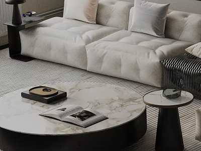 Modern Cream Upholstered Sofa and Round Marble Top Coffee Table Set with Side Table in Living Room 3d model