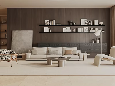 Modern Minimalist Living Room Interior With Dark Wooden Wall Shelves Light Gray Sofa And Beige Rug 3d model
