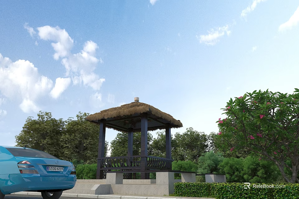 Garden Landscape Featuring Thatched Roof Pavilion Green Trees Bushes White Clouds And Blue Sky 3d model 