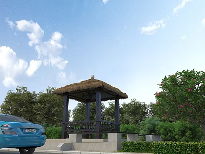 Garden Landscape Featuring Thatched Roof Pavilion Green Trees Bushes White Clouds And Blue Sky 3d model