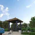 Garden Landscape Featuring Thatched Roof Pavilion Green Trees Bushes White Clouds And Blue Sky