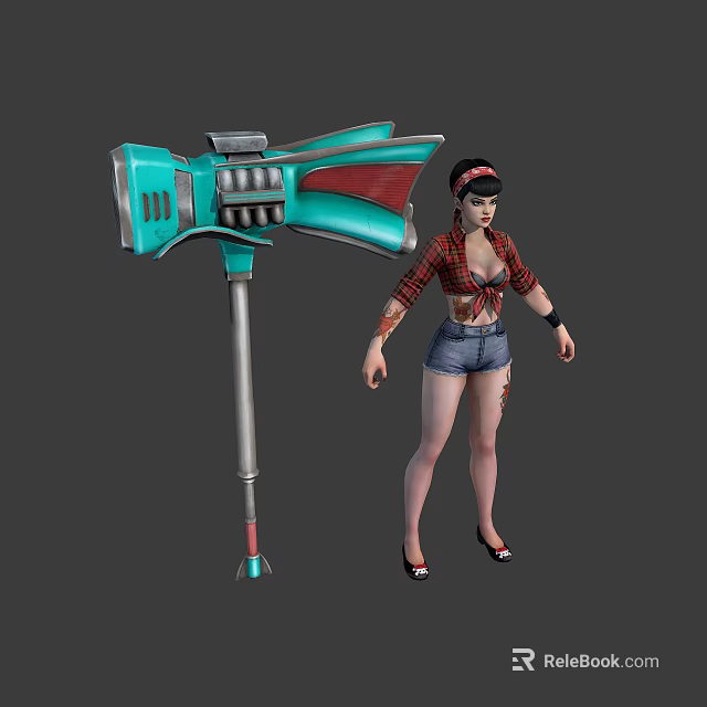 Female Warrior Character Wearing Red Black Plaid Shirt Denim Shorts With Blue Silver Battle Axe 3d model 