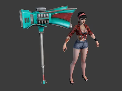 Female Warrior Character Wearing Red Black Plaid Shirt Denim Shorts With Blue Silver Battle Axe 3d model