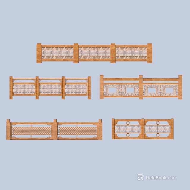 Wooden Railings With Various Carved Patterns And Intricate Latticed Designs 3d model 