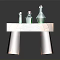 Vintage Wooden Table With Four Legs And Two Green Glass Bottles On Top