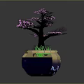 Bonsai Tree With Pink Blossoms And Green Grass In Decorative Yellow Blue Pot