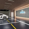 Modern Indoor Parking Garage With White Sports Car Numbered Spaces And Safety Sign