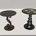 Dark Wooden Round Side Tables With Spiral Base And Curved Scroll Decorative Legs