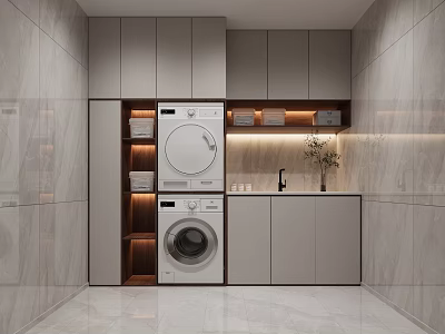 Modern Laundry Room Interior With Washing Machine Dryer Cabinets Sink And Decorative Plant 3d model