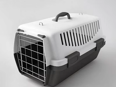 White And Black Plastic Pet Carrier With Handle And Front Wire Door For Travel 3d model