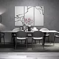 Modern Dining Table Set With Chairs Wall Art Table Lamp And Vase 3d model
