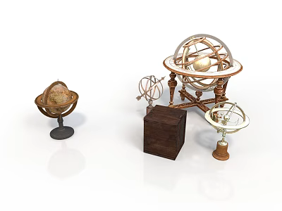 Vintage Decorative Astronomical Instruments With Globe Armillary Sphere And Wooden Box 3d model
