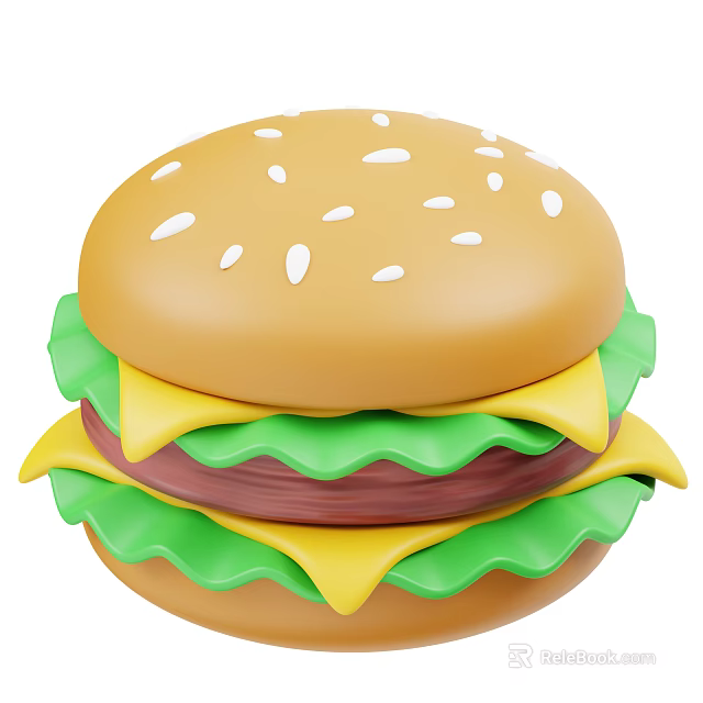 Colorful Cartoon Hamburger With Sesame Seed Bun Green Lettuce And Yellow Cheese Patty 3d model 