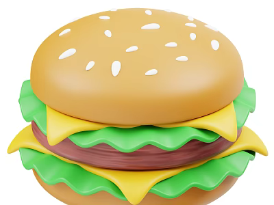 Colorful Cartoon Hamburger With Sesame Seed Bun Green Lettuce And Yellow Cheese Patty 3d model