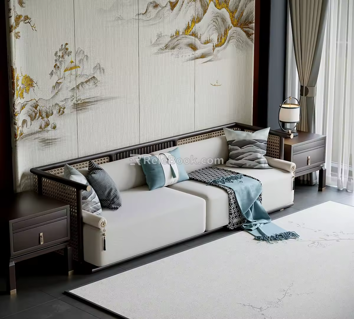 New Chinese Style Sofa Solid Wood Sofa Straight Row Sofa Three-Seat Sofa Luohan Bed 3d model