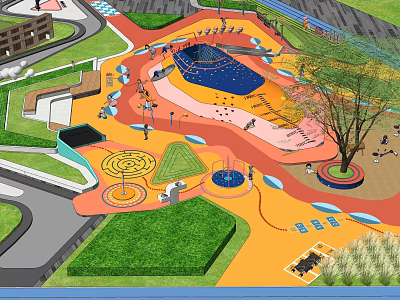 Children's Playground With Colorful Ground Maze Water Pool Trees And Interactive Areas 3d model