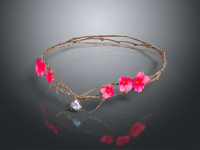Elegant Decorative Ornament Set With Twig Like Design Pink Flowers And Clear Gemstone Pendant 3d model