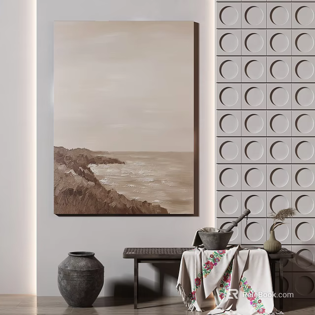 Interior Space Featuring Seascape Painting Circular Pattern Wall And Table Decor 3d model