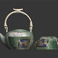 Elegant Green Tea Set With Golden Handle Teapot And Decorative Teacups