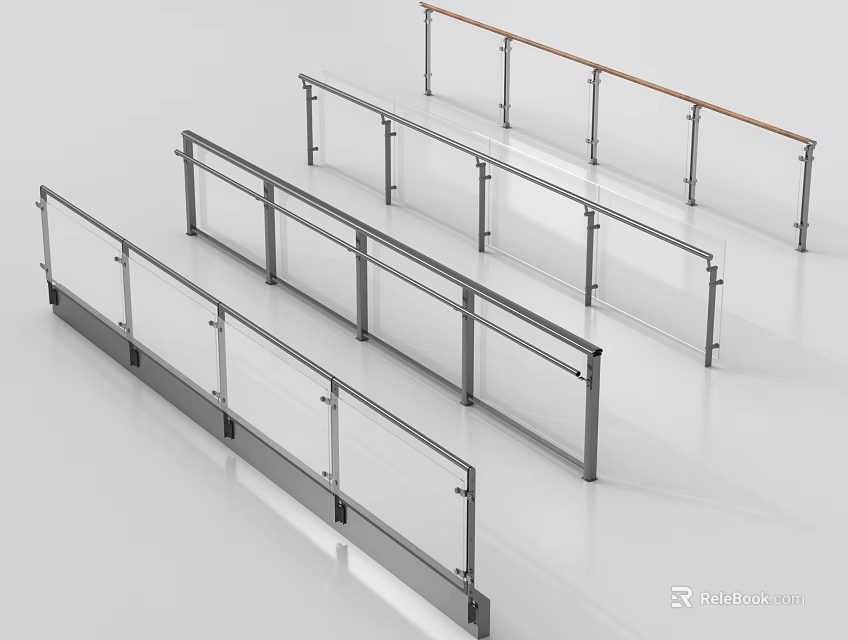 Modern Railings With Metal Frames And Glass Panels In Various Designs 3d model 