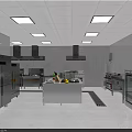 Commercial Kitchen Interior With Stainless Steel Appliances Multiple Stoves Range Hoods And Central Worktable