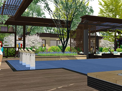 Chinese Style Sales Office Building With Wooden Pergola And Landscaped Garden 3d model