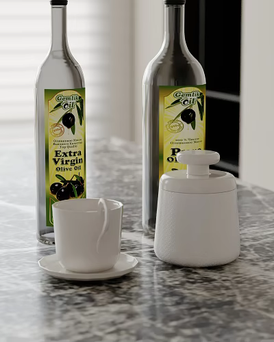 Decorative Ornament Set With Olive Oil Bottles Cup And Lidded Container On Marble Countertop 3d model