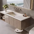 Modern Wall Mounted Bathroom Vanity With Wooden Cabinets And Flower Vase Mirror On Gray Wall