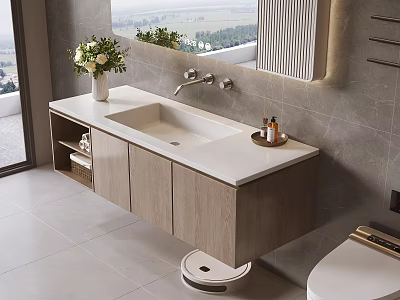Modern Wall Mounted Bathroom Vanity With Wooden Cabinets And Flower Vase Mirror On Gray Wall 3d model