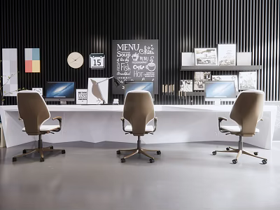 Modern Office Desk With Three Office Chairs Dual Monitors Wall Chalkboard And Decorative Prints 3d model