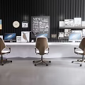 Modern Office Desk With Three Office Chairs Dual Monitors Wall Chalkboard And Decorative Prints