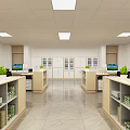 Public Office Space with Open Layout Desks Computers Green Plants Windows and Ceiling Lights 3d model