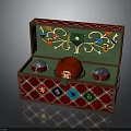 Red Diamond Pattern Decorative Box with Green Lining Red Hat Silver Bowls and Golden Patterns 3d model