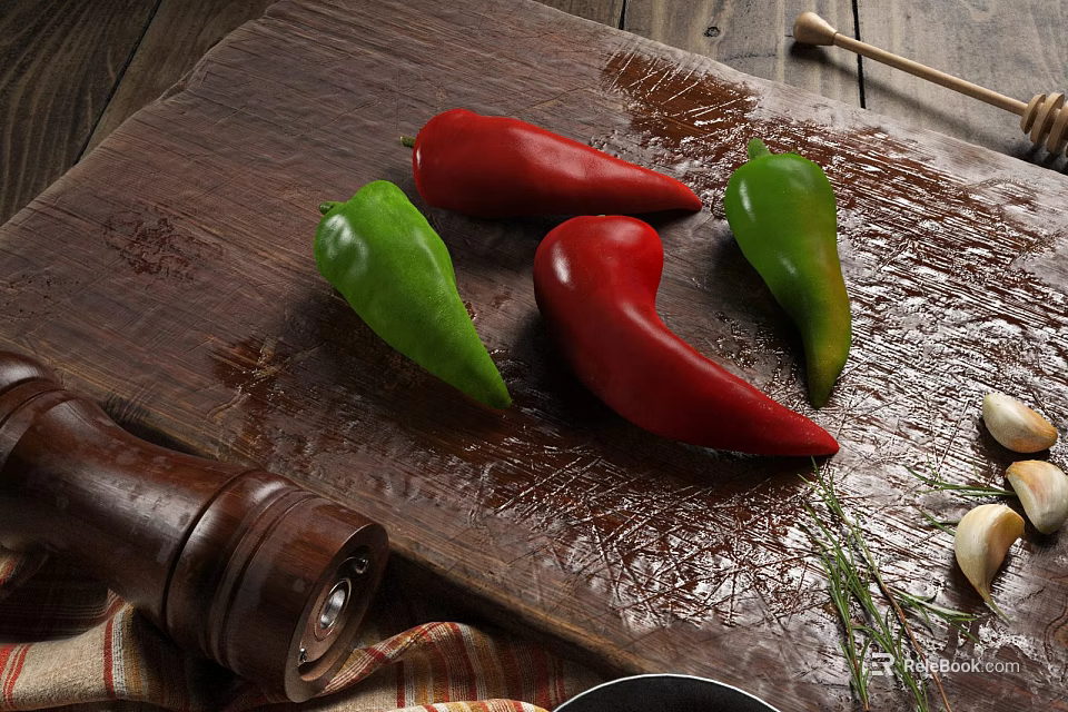 Fresh Red and Green Peppers on Wooden Cutting Board with Pepper Grinder Garlic and Herbs 3d model 