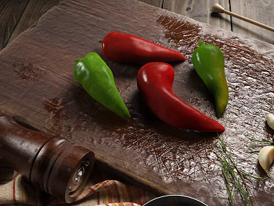 Fresh Red and Green Peppers on Wooden Cutting Board with Pepper Grinder Garlic and Herbs 3d model