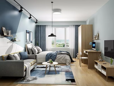 Cozy Modern Apartment Interior With Blue Walls Gray Sofa Bed Wooden Furniture And Window View 3d model