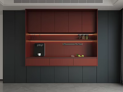 Modern Warm Brown Sideboard with LED Illuminated Shelf Coffee Machine and Fresh Fruits 3d model