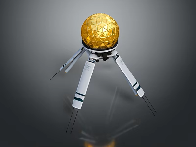 Golden Polyhedral Sphere Device With White Supporting Legs And Metallic Base 3d model