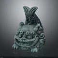 Green Mythical Beast Sculpture With Lion Like Figure And Fish Decoration On Top