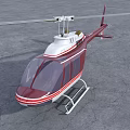 Red and White Helicopter Parked on Gray Ground with Cloudy Sky Background