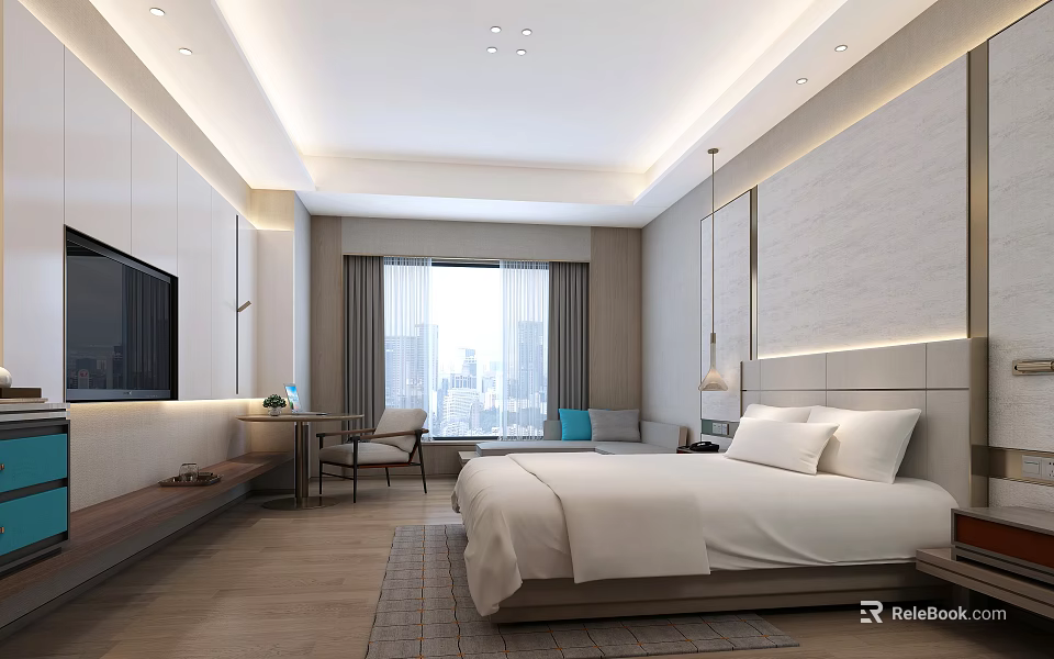 Modern Hotel Room Interior With King Bed City View Window TV And Seating Area 3d model 