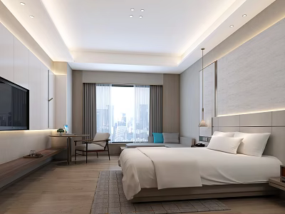 Modern Hotel Room Interior With King Bed City View Window TV And Seating Area 3d model