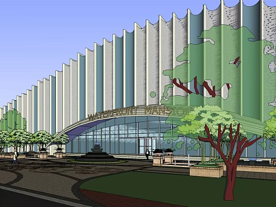 Modern Commercial Complex With Curved Glass Facade And Surrounding Greenery Trees 3d model